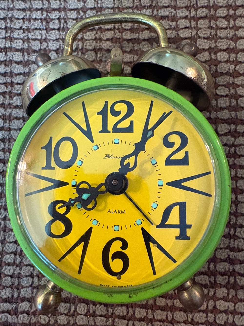 Vintage Blessing West German-Style Green and Yellow Alarm Clock i